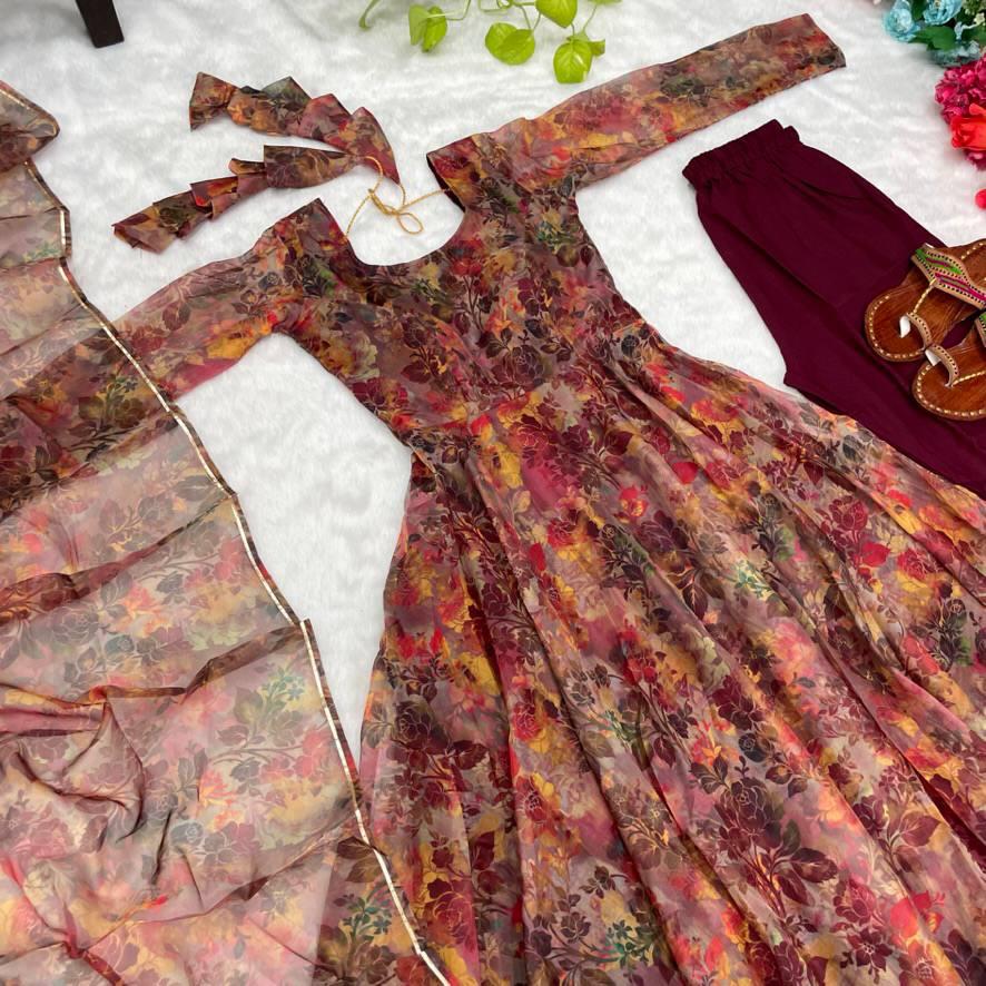 Luminous Brown Floral Digital Printed Organza Silk Anarkali Pant Suit - INDIAN ELEGANCE