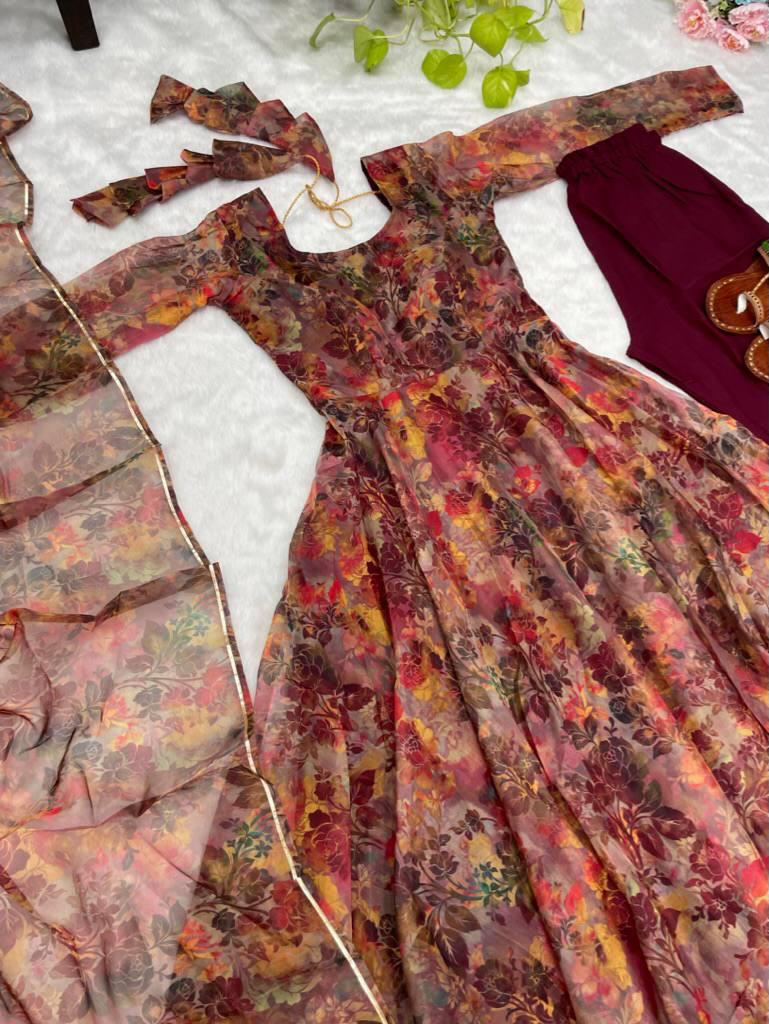 Luminous Brown Floral Digital Printed Organza Silk Anarkali Pant Suit - INDIAN ELEGANCE
