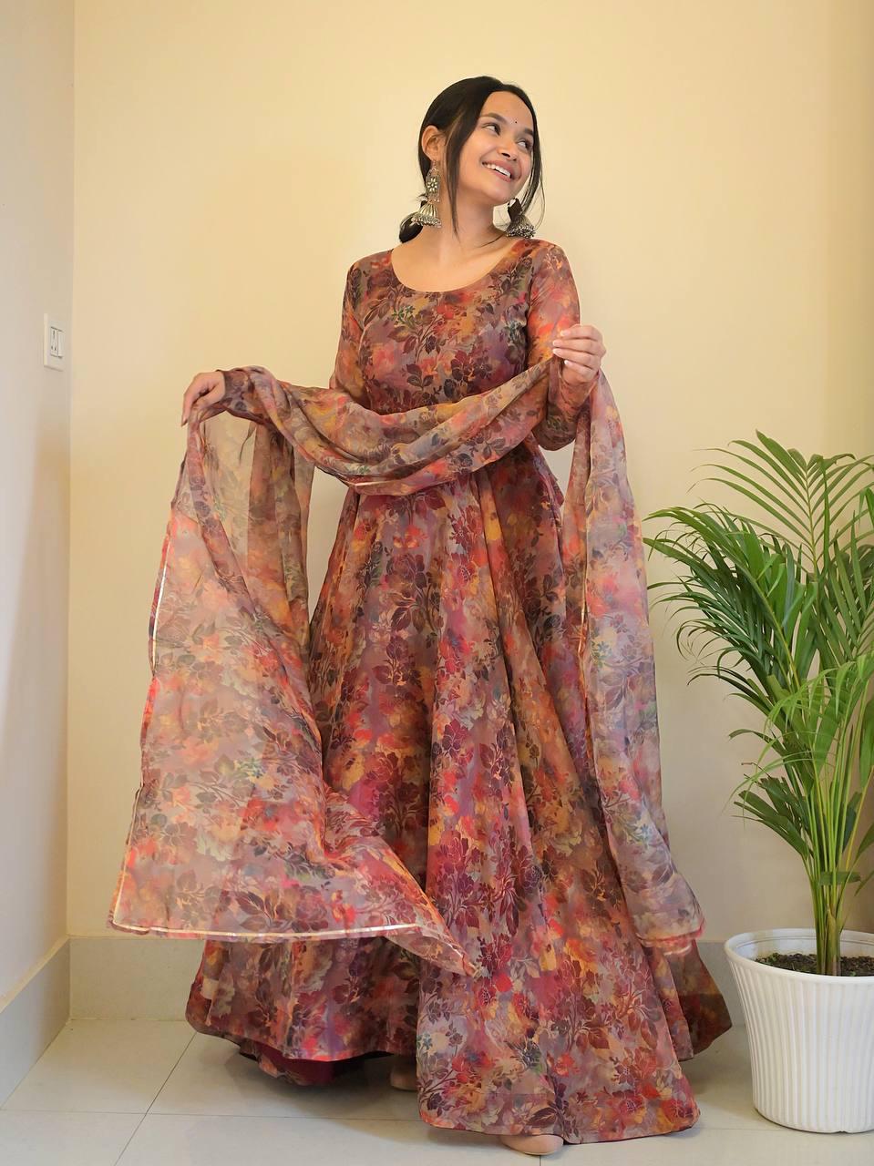 Luminous Brown Floral Digital Printed Organza Silk Anarkali Pant Suit - INDIAN ELEGANCE