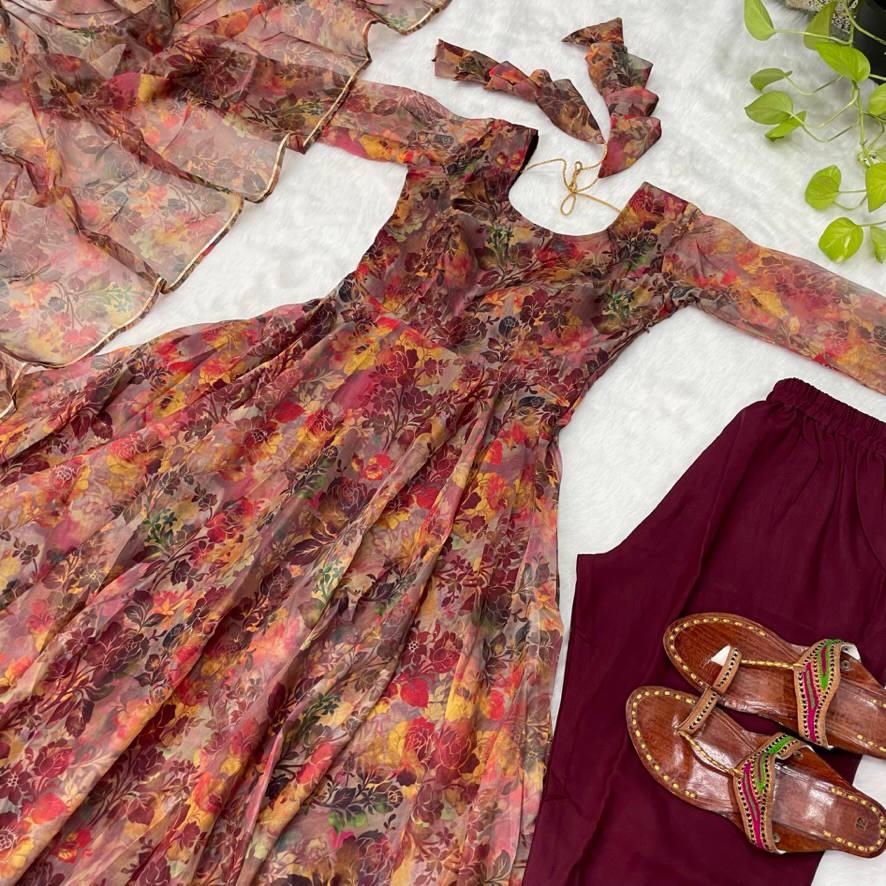 Luminous Brown Floral Digital Printed Organza Silk Anarkali Pant Suit - INDIAN ELEGANCE