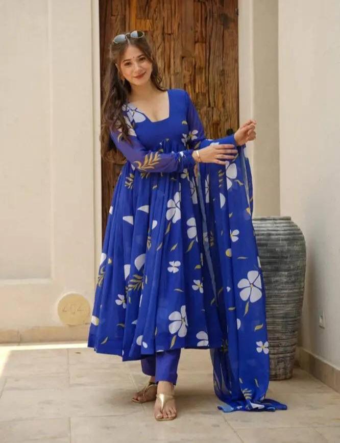 Delightful Blue Faux Georgette Floral Printed Anarkali Pant Suit - INDIAN ELEGANCE