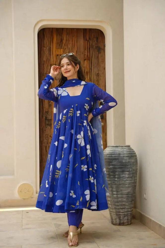 Delightful Blue Faux Georgette Floral Printed Anarkali Pant Suit - INDIAN ELEGANCE