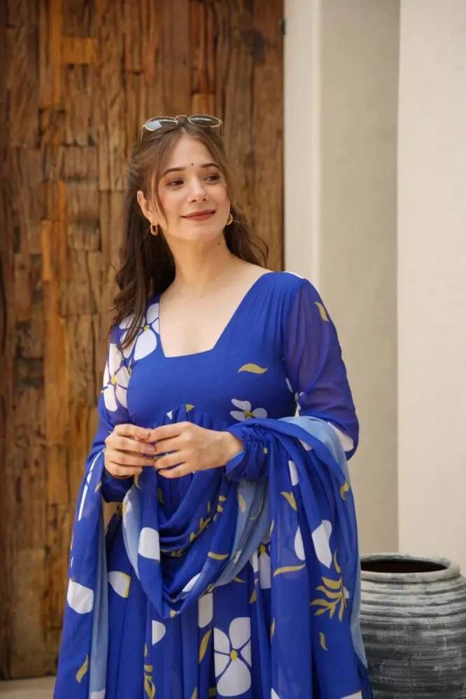 Delightful Blue Faux Georgette Floral Printed Anarkali Pant Suit - INDIAN ELEGANCE