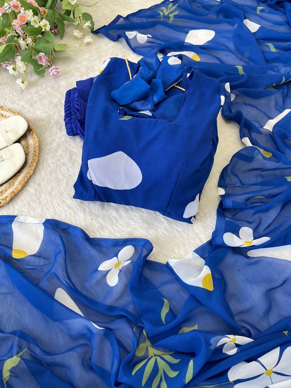 Delightful Blue Faux Georgette Floral Printed Anarkali Pant Suit - INDIAN ELEGANCE