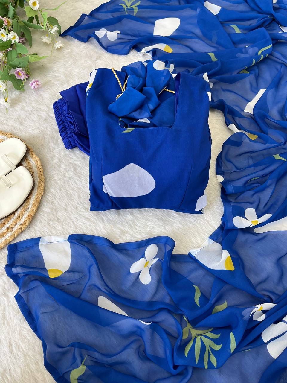 Delightful Blue Faux Georgette Floral Printed Anarkali Pant Suit - INDIAN ELEGANCE