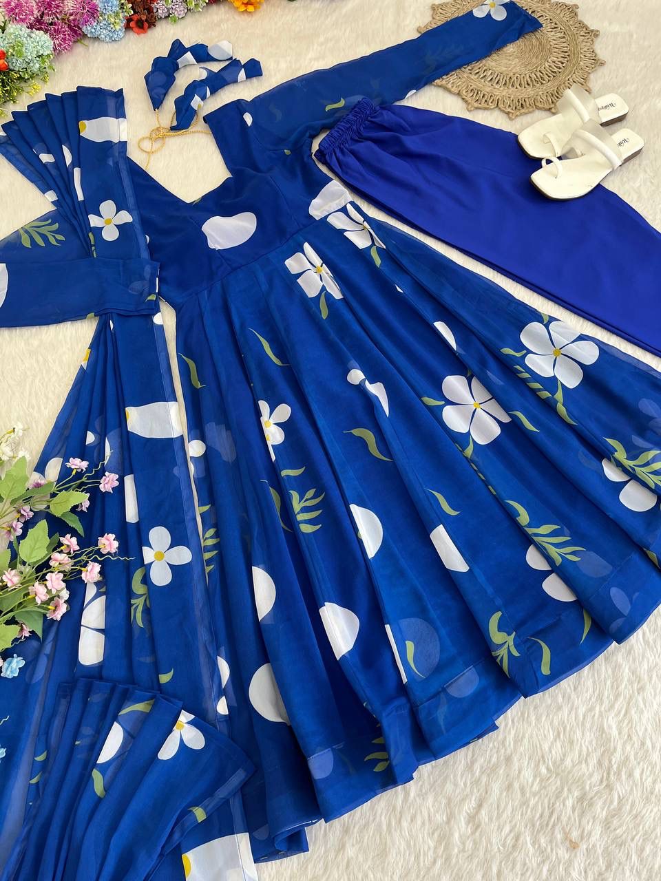 Delightful Blue Faux Georgette Floral Printed Anarkali Pant Suit - INDIAN ELEGANCE