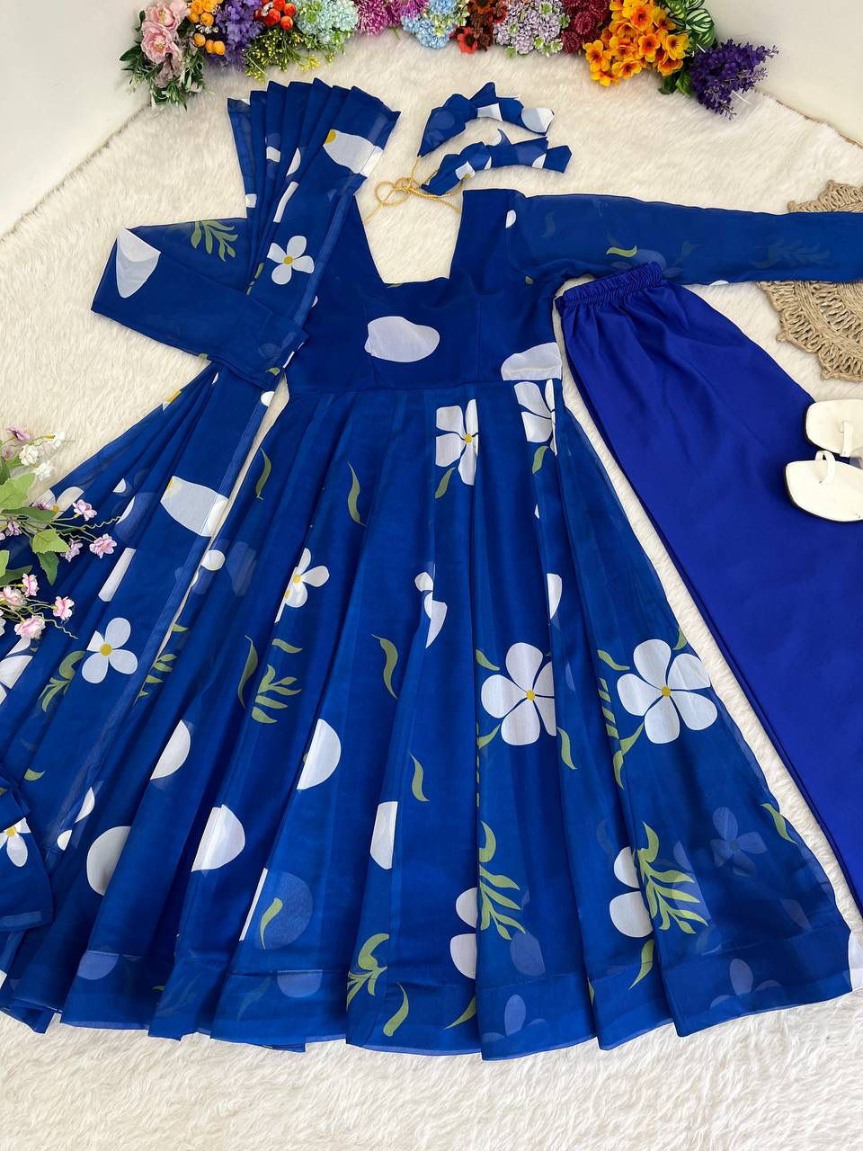 Delightful Blue Faux Georgette Floral Printed Anarkali Pant Suit - INDIAN ELEGANCE