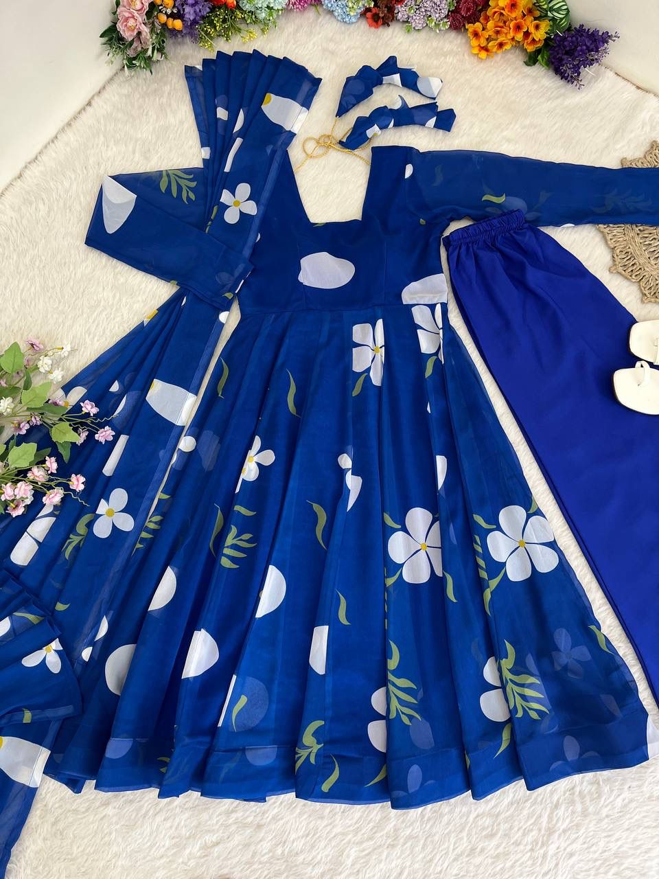 Delightful Blue Faux Georgette Floral Printed Anarkali Pant Suit - INDIAN ELEGANCE