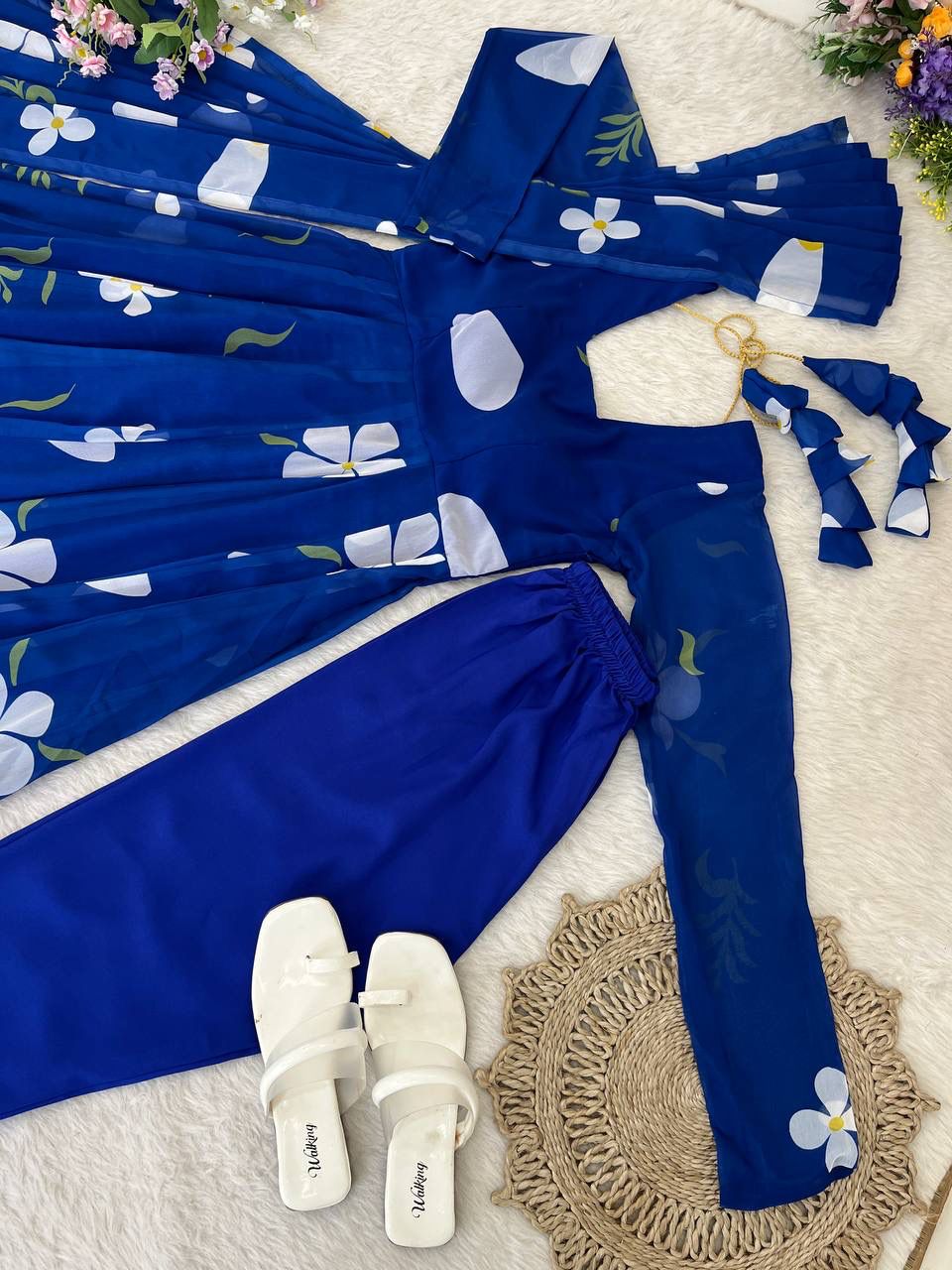 Delightful Blue Faux Georgette Floral Printed Anarkali Pant Suit - INDIAN ELEGANCE