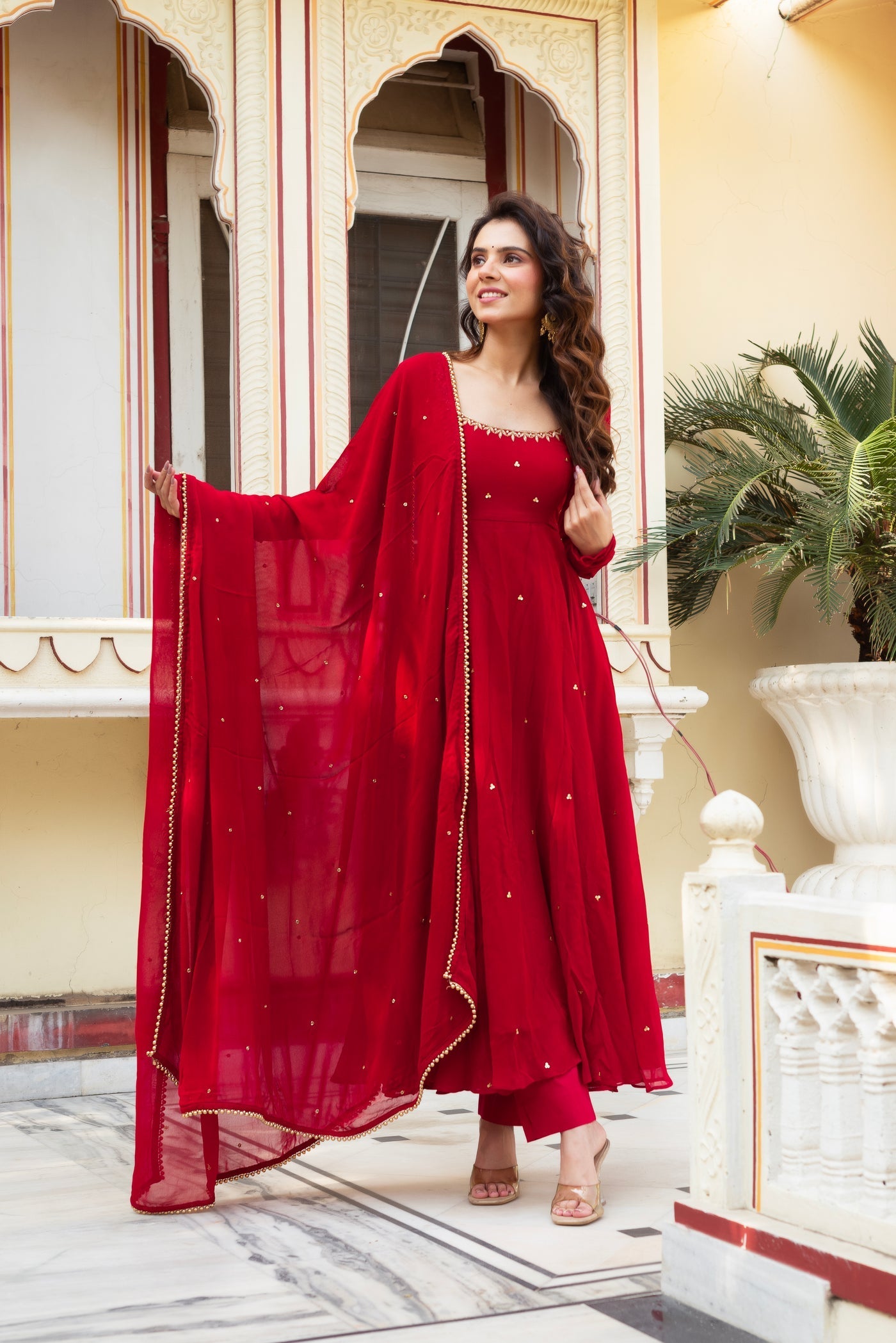 Stunning Red Full-Flare Georgette  Anarkali Dress for Women