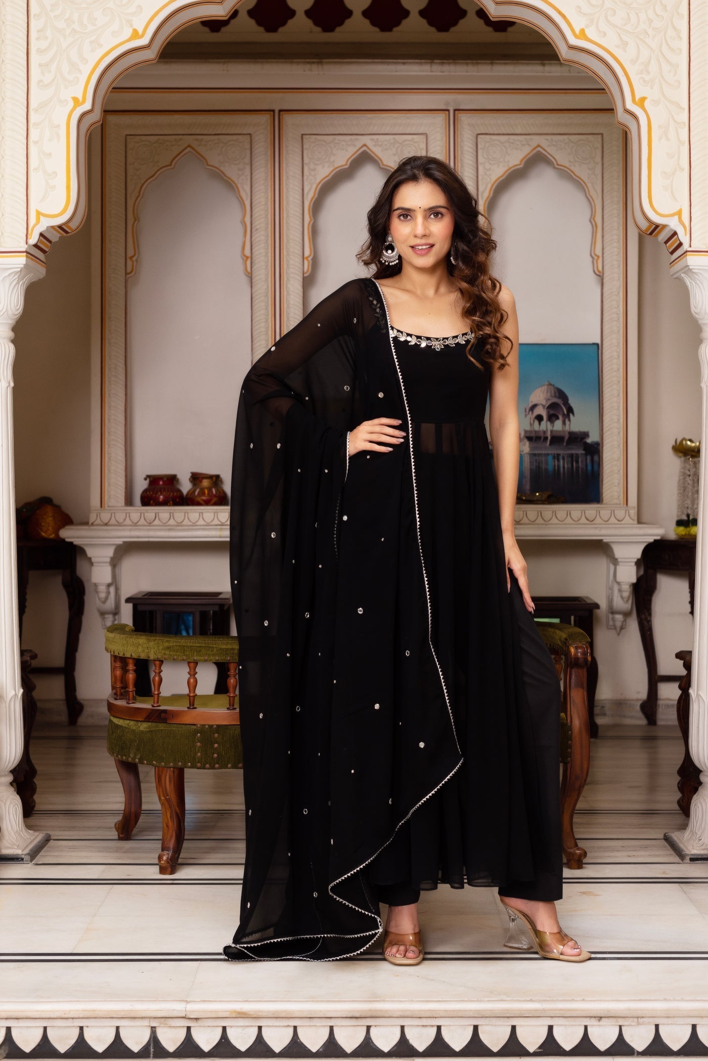 Elegant Black Georgette  Hand Mirror Work Anarkali  Festive Wear Set