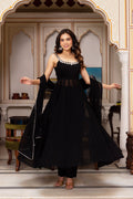 Elegant Black Georgette  Hand Mirror Work Anarkali  Festive Wear Set