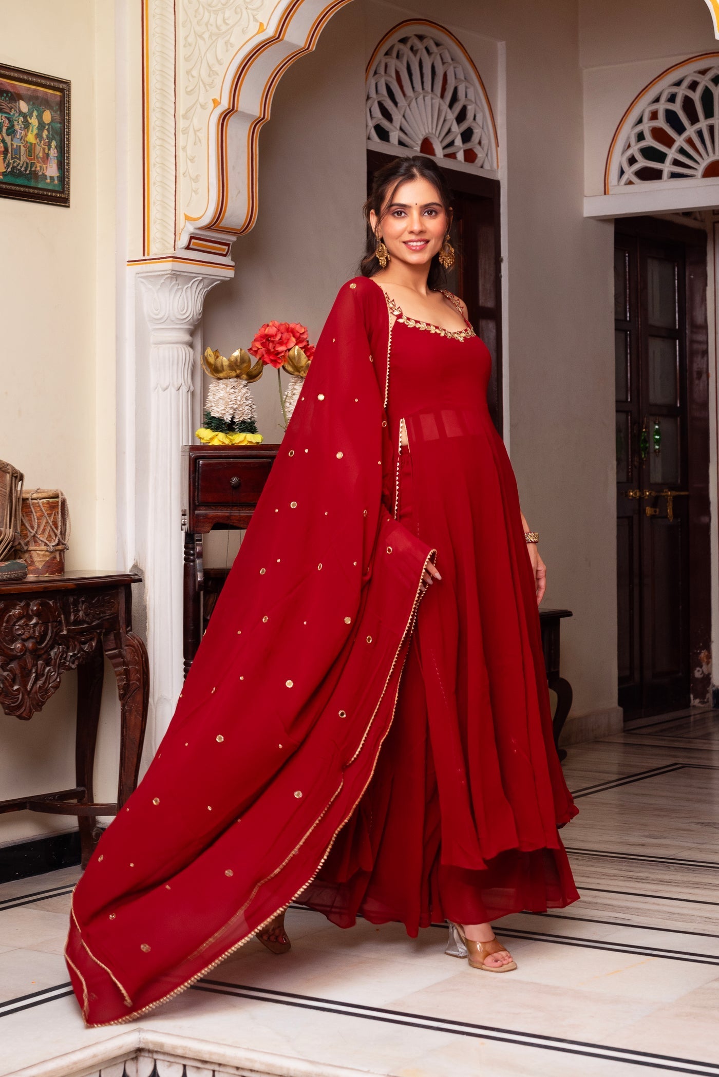 Elegant Maroon Hand Mirror Work Anarkali Set