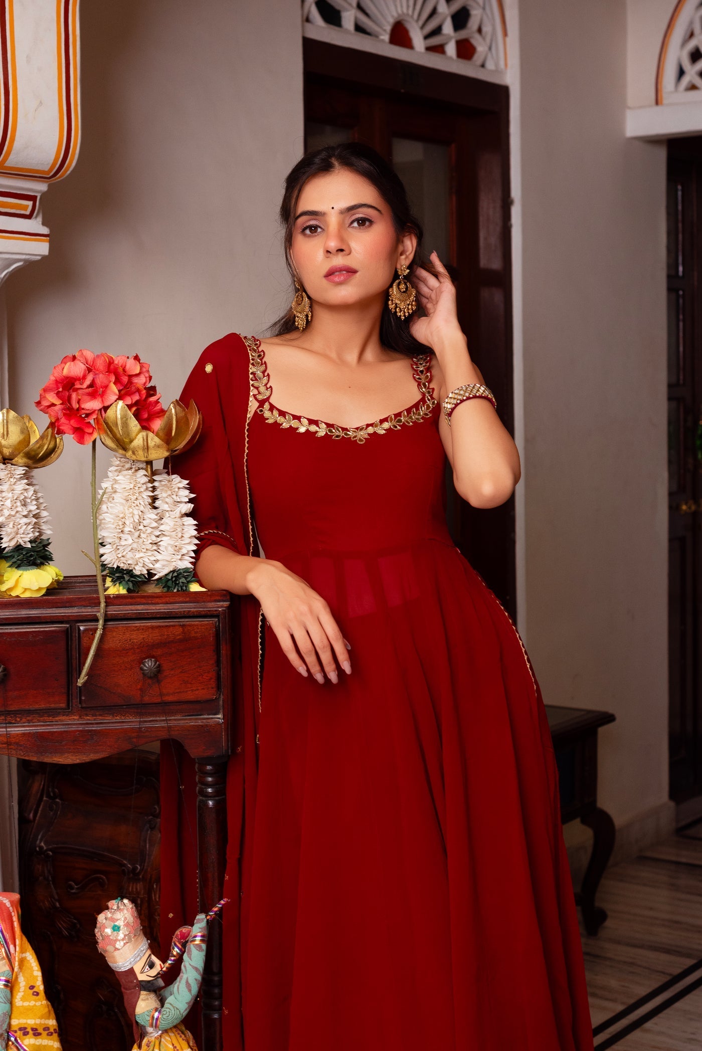Elegant Maroon Hand Mirror Work Anarkali Set