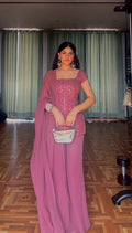 Party Wear Dusty Pink Faux Georgette Kurti Palazzo Suit