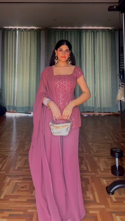Party Wear Dusty Pink Faux Georgette Kurti Palazzo Suit