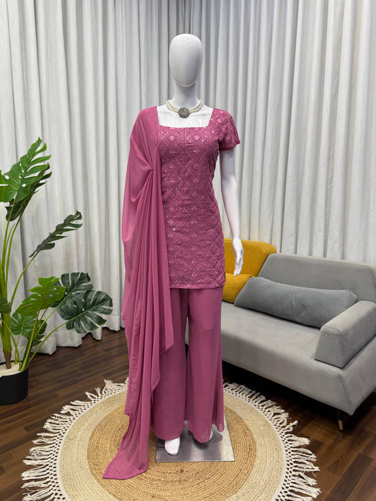 Party Wear Dusty Pink Faux Georgette Kurti Palazzo Suit