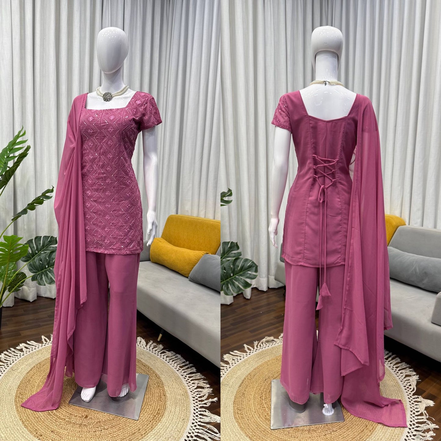 Party Wear Dusty Pink Faux Georgette Kurti Palazzo Suit