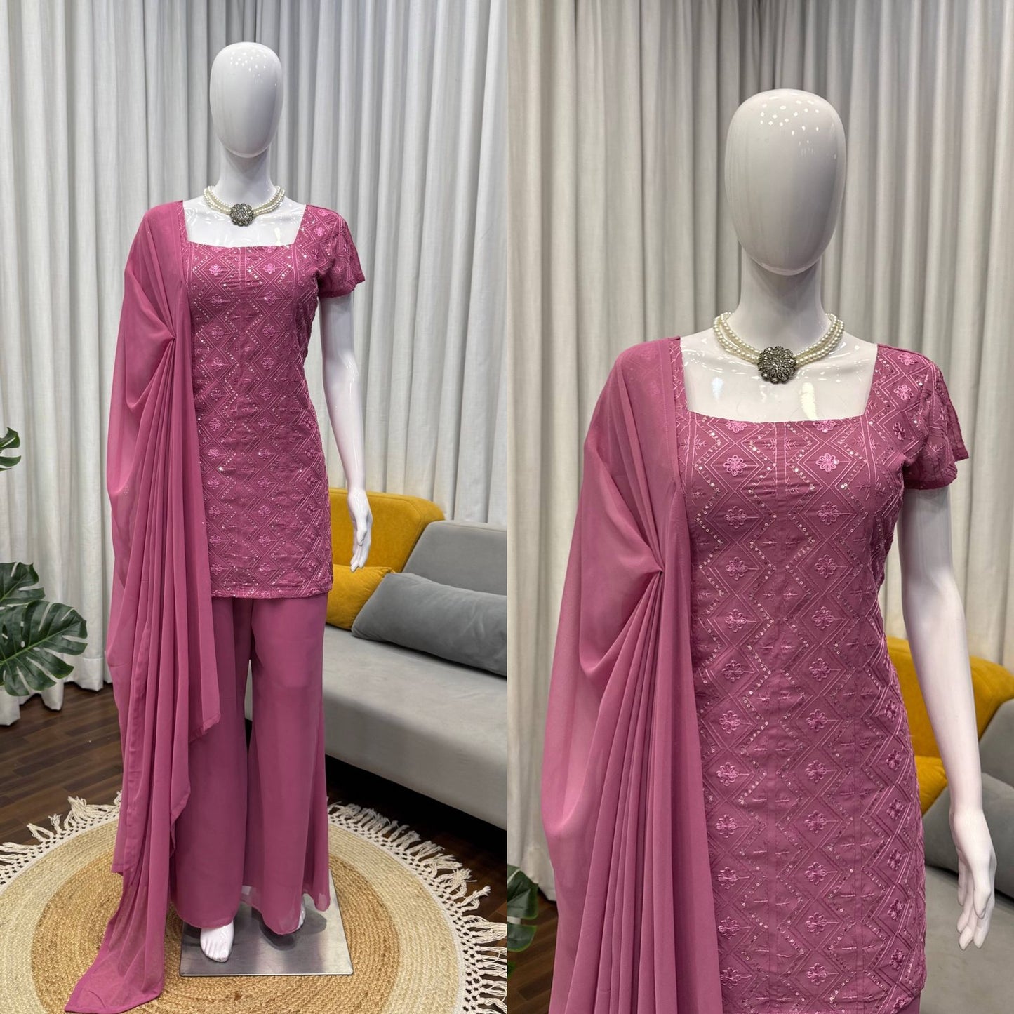 Party Wear Dusty Pink Faux Georgette Kurti Palazzo Suit