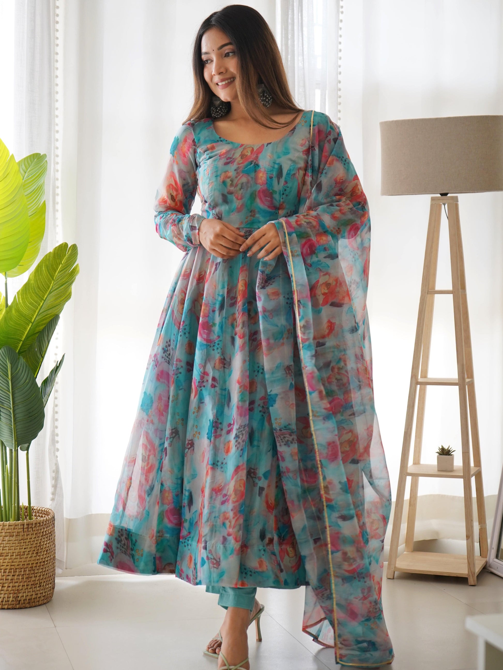 Elegant Soft Organza Silk Floral Designer Anarkali Pant Suit - INDIAN ELEGANCE