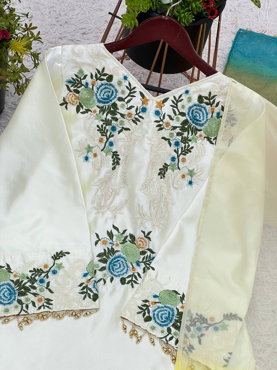 White Color Moss satin  Plazzo Suit With Multi Color Dupatta Set