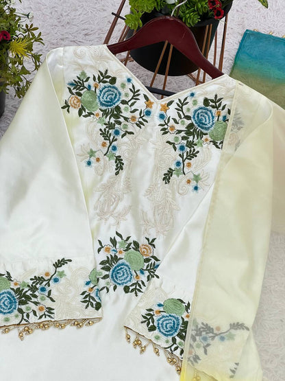 White Color Moss satin  Plazzo Suit With Multi Color Dupatta Set