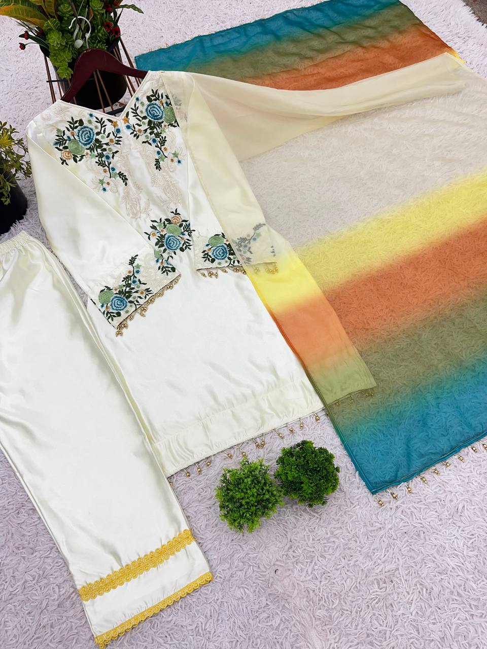 White Color Moss satin  Plazzo Suit With Multi Color Dupatta Set