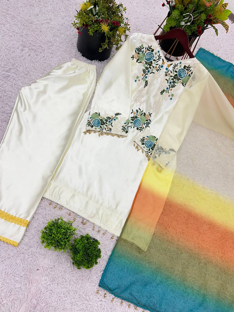 White Color Moss satin  Plazzo Suit With Multi Color Dupatta Set