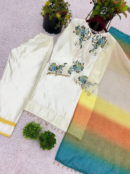 White Color Moss satin  Plazzo Suit With Multi Color Dupatta Set