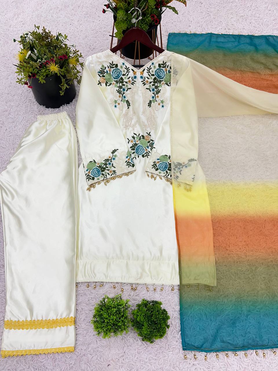 White Color Moss satin  Plazzo Suit With Multi Color Dupatta Set