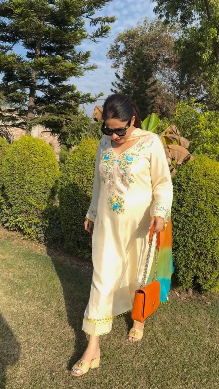 White Color Moss satin  Plazzo Suit With Multi Color Dupatta Set