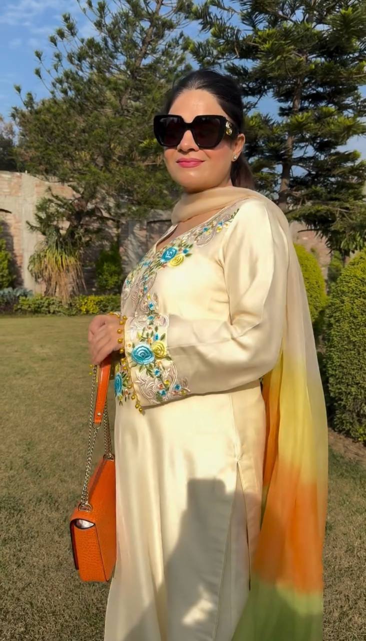 White Color Moss satin  Plazzo Suit With Multi Color Dupatta Set