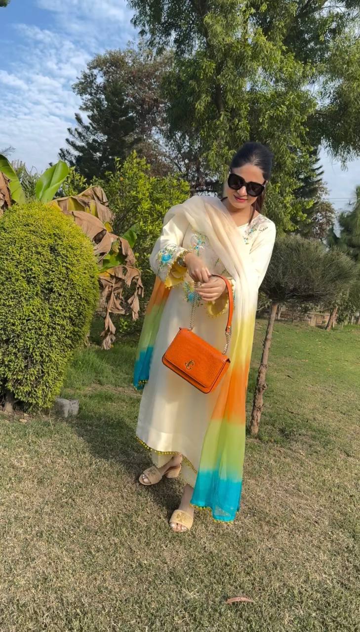White Color Moss satin  Plazzo Suit With Multi Color Dupatta Set