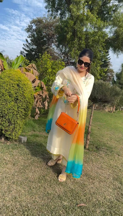 White Color Moss satin  Plazzo Suit With Multi Color Dupatta Set