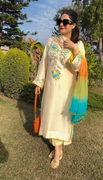 White Color Moss satin  Plazzo Suit With Multi Color Dupatta Set
