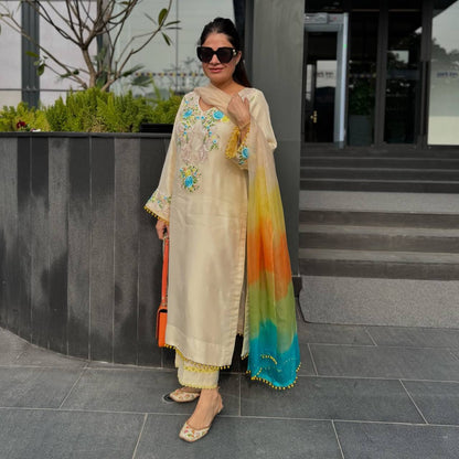 White Color Moss satin  Plazzo Suit With Multi Color Dupatta Set
