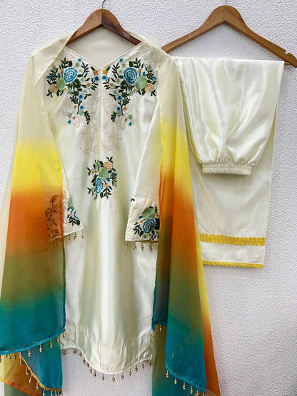 White Color Moss satin  Plazzo Suit With Multi Color Dupatta Set