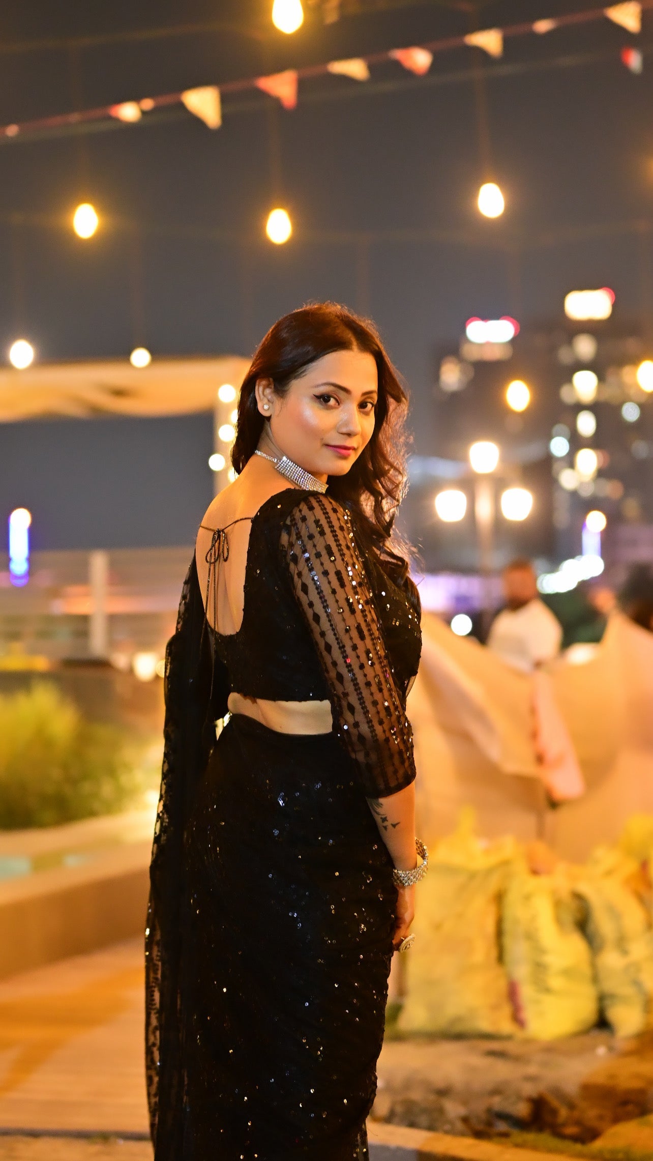 Magnificent Black Net Sequins Worked Designer Saree - INDIAN ELEGANCE