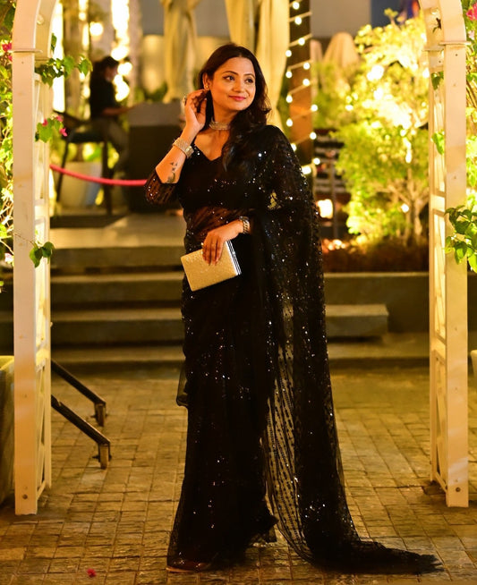 Magnificent Black Net Sequins Worked Designer Saree - INDIAN ELEGANCE