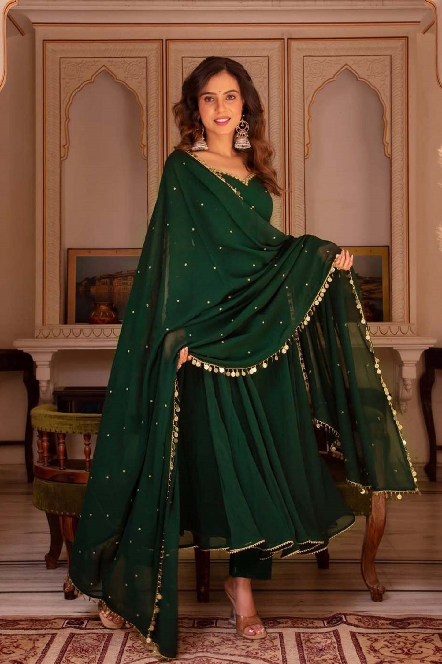 Ethinic Green Color Fox Georgette  Anarkali Festive Wear Suit