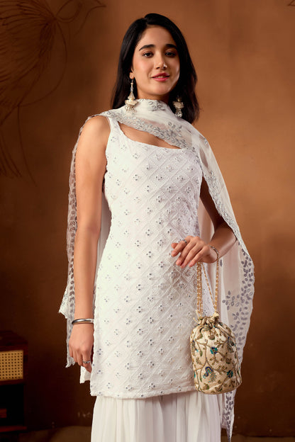 White Kurta  Sharara Suit With Embroidered Thread And Sequince Work