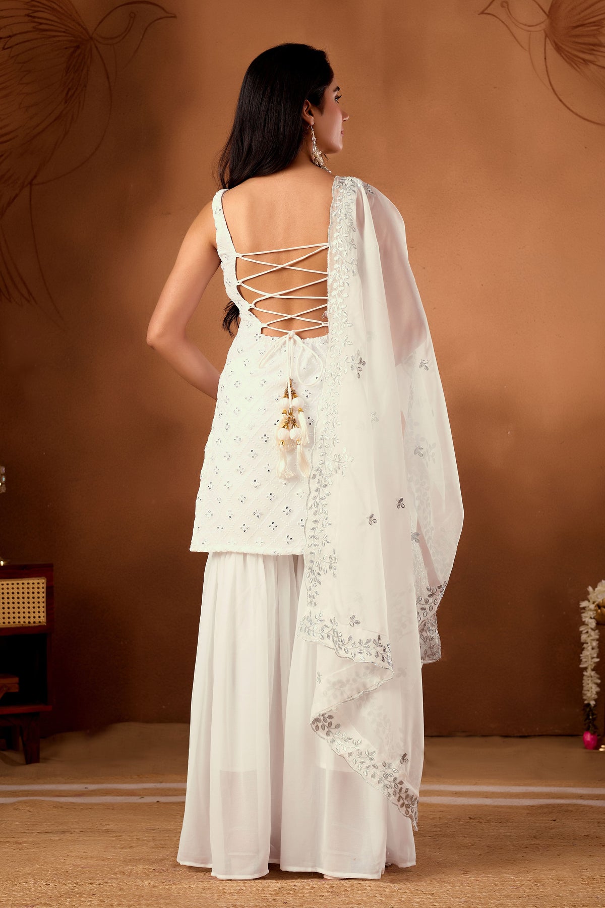 White Kurta  Sharara Suit With Embroidered Thread And Sequince Work
