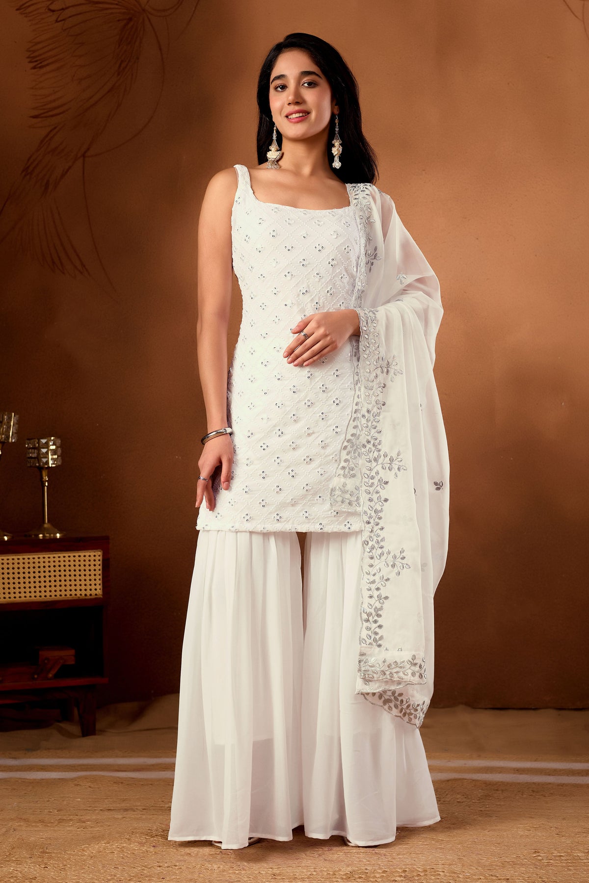 White Kurta  Sharara Suit With Embroidered Thread And Sequince Work