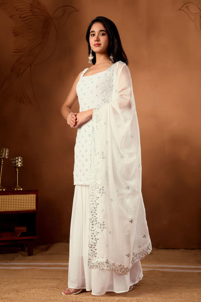 White Kurta  Sharara Suit With Embroidered Thread And Sequince Work