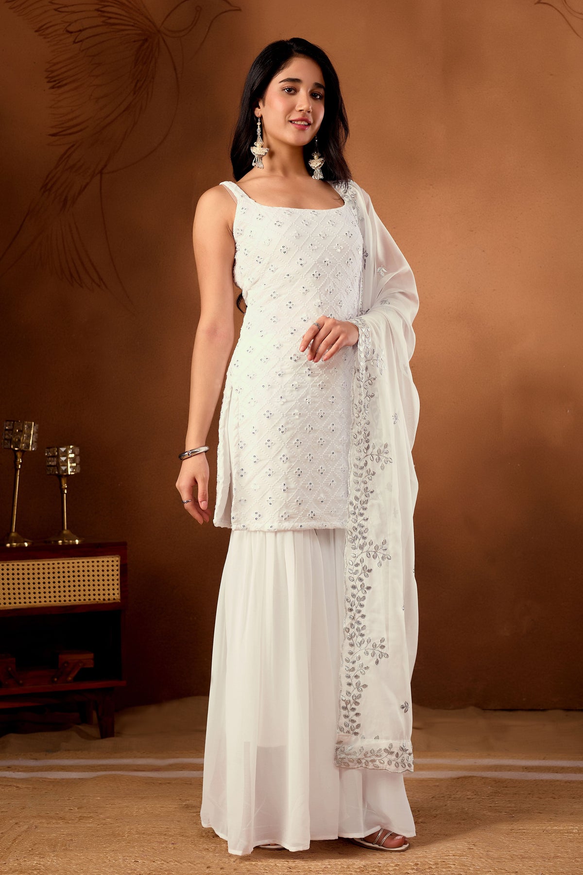 White Kurta  Sharara Suit With Embroidered Thread And Sequince Work