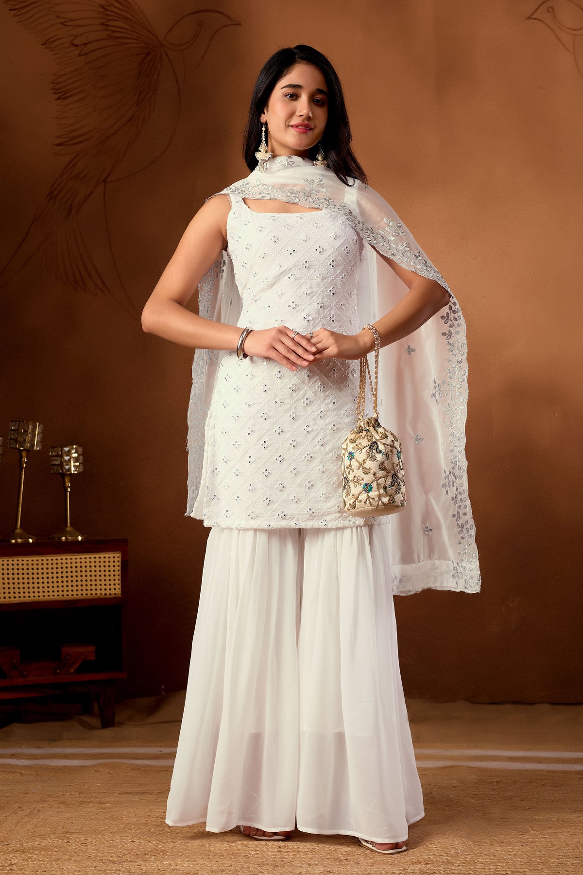 White Kurta  Sharara Suit With Embroidered Thread And Sequince Work