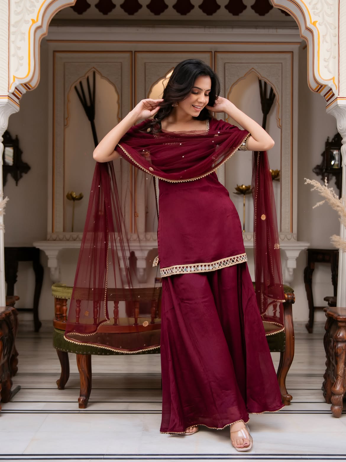 Designer Maroon Chinon Kurti Palazzo Set