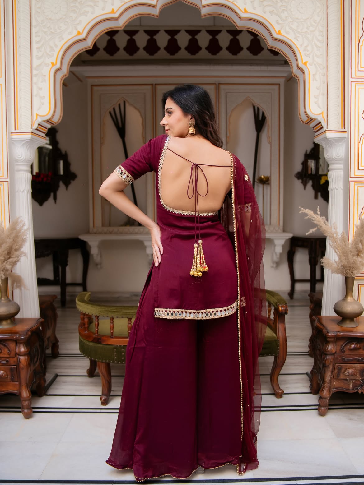 Designer Maroon Chinon Kurti Palazzo Set