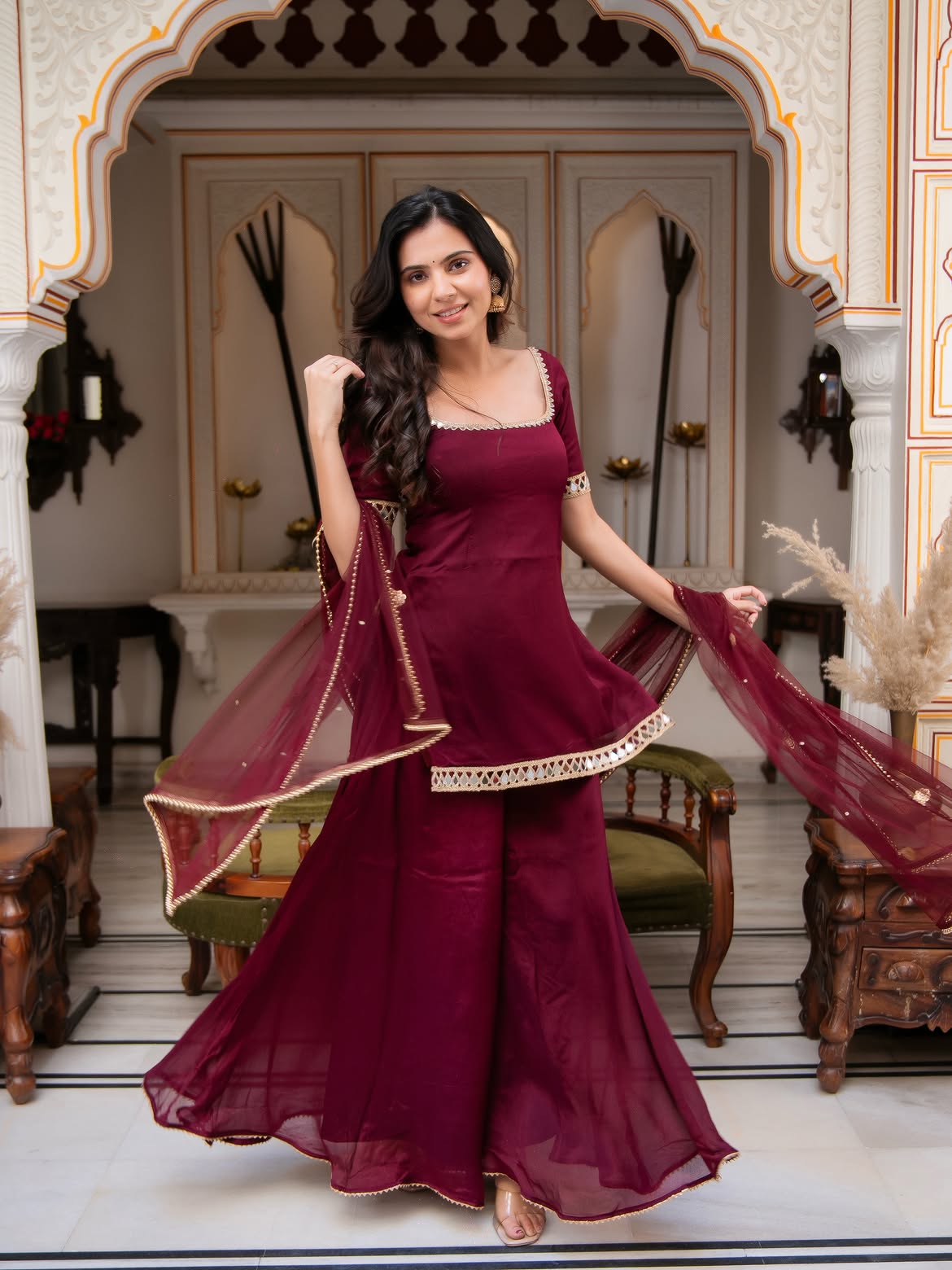 Designer Maroon Chinon Kurti Palazzo Set
