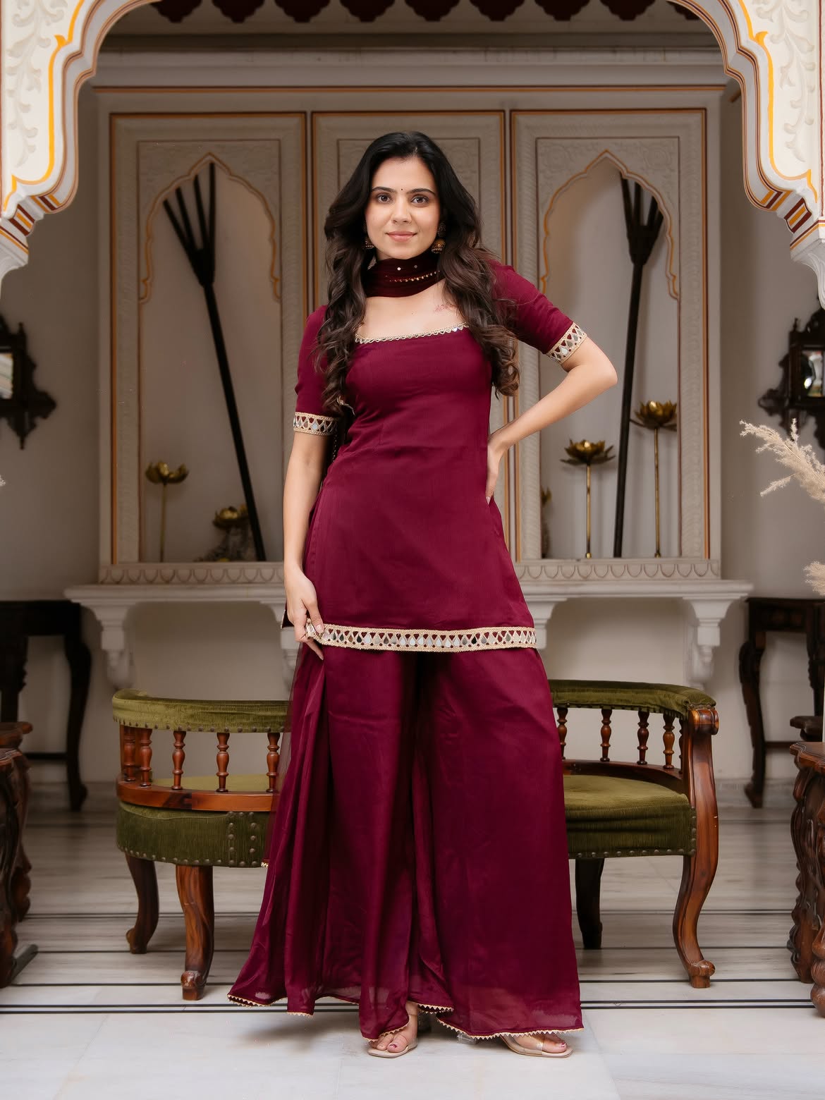 Designer Maroon Chinon Kurti Palazzo Set